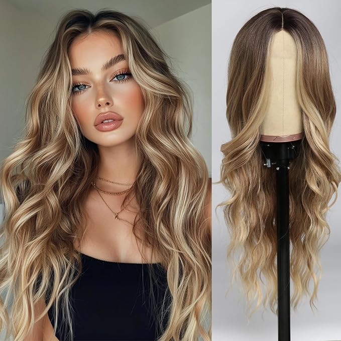 26 Inch Long Ombre Blonde Wavy Wig for Women, Middle Part, Natural-Looking Heat-Resistant Synthetic Hair