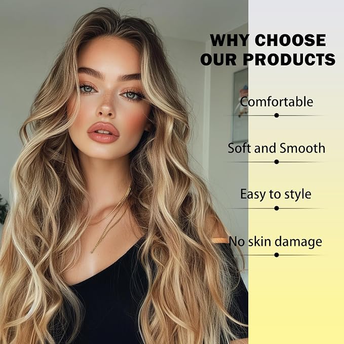 26 Inch Long Ombre Blonde Wavy Wig for Women, Middle Part, Natural-Looking Heat-Resistant Synthetic Hair