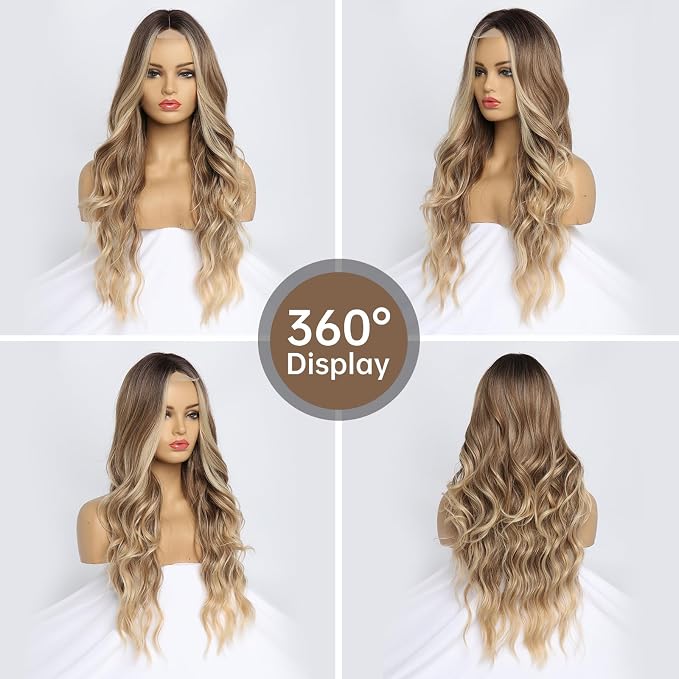 26 Inch Long Ombre Blonde Wavy Wig for Women, Middle Part, Natural-Looking Heat-Resistant Synthetic Hair