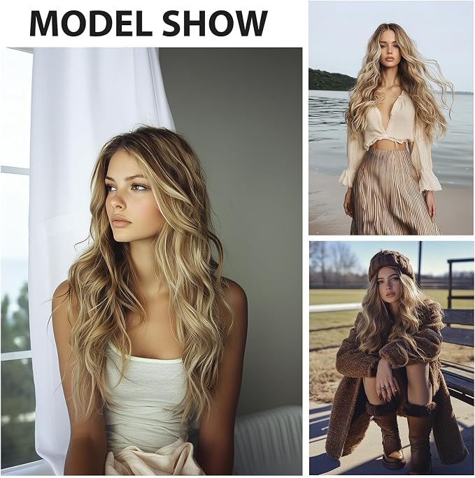 26 Inch Long Ombre Blonde Wavy Wig for Women, Middle Part, Natural-Looking Heat-Resistant Synthetic Hair