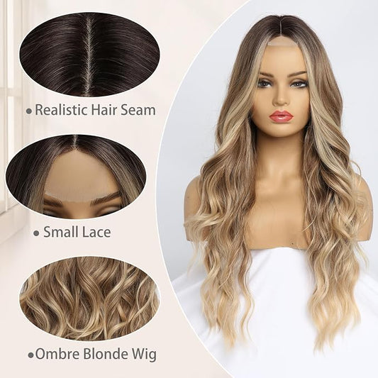 26 Inch Long Ombre Blonde Wavy Wig for Women, Middle Part, Natural-Looking Heat-Resistant Synthetic Hair